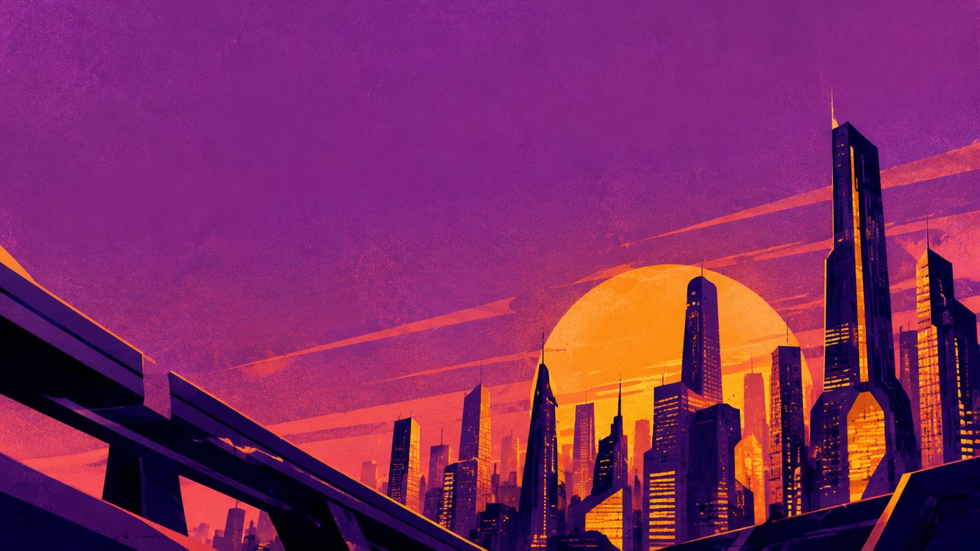 Плоская editorial-иллюстрация города на закате