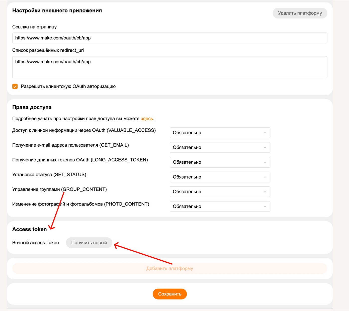 Блок Access Token в нижней части карточки приложения OK