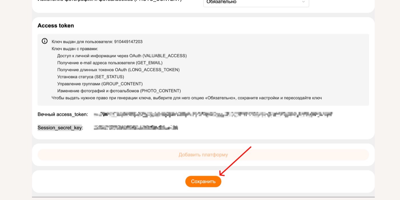Кнопка Сохранить после получения access token