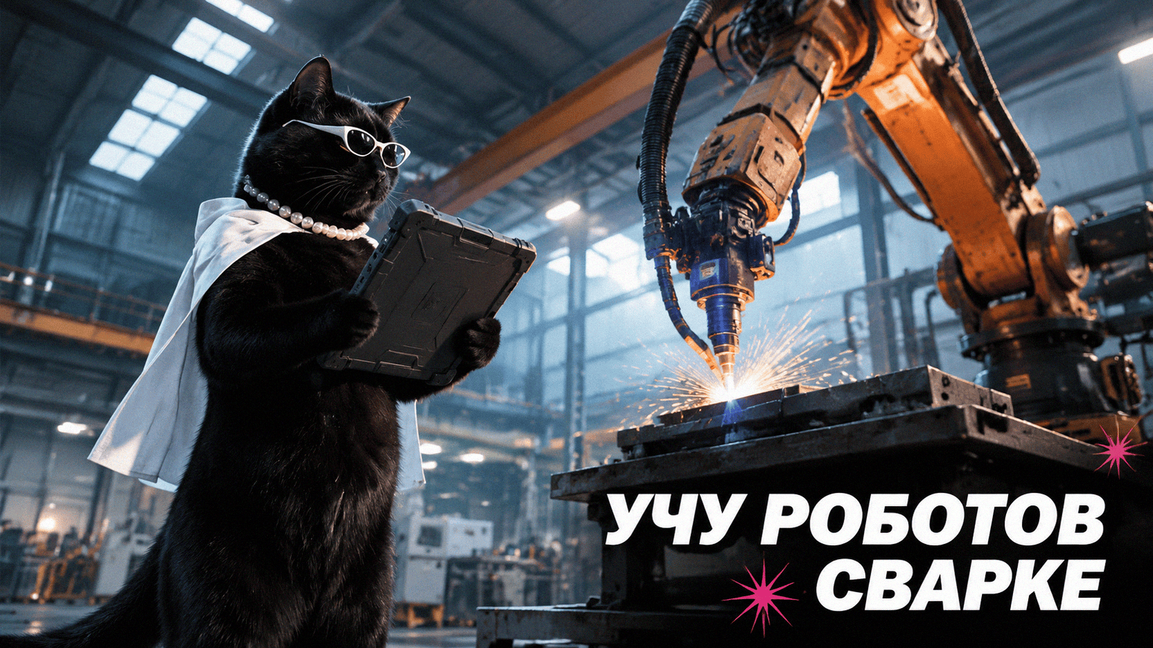 Специалист настраивает параметры сварочного робота через защищенный планшет в рабочей зоне