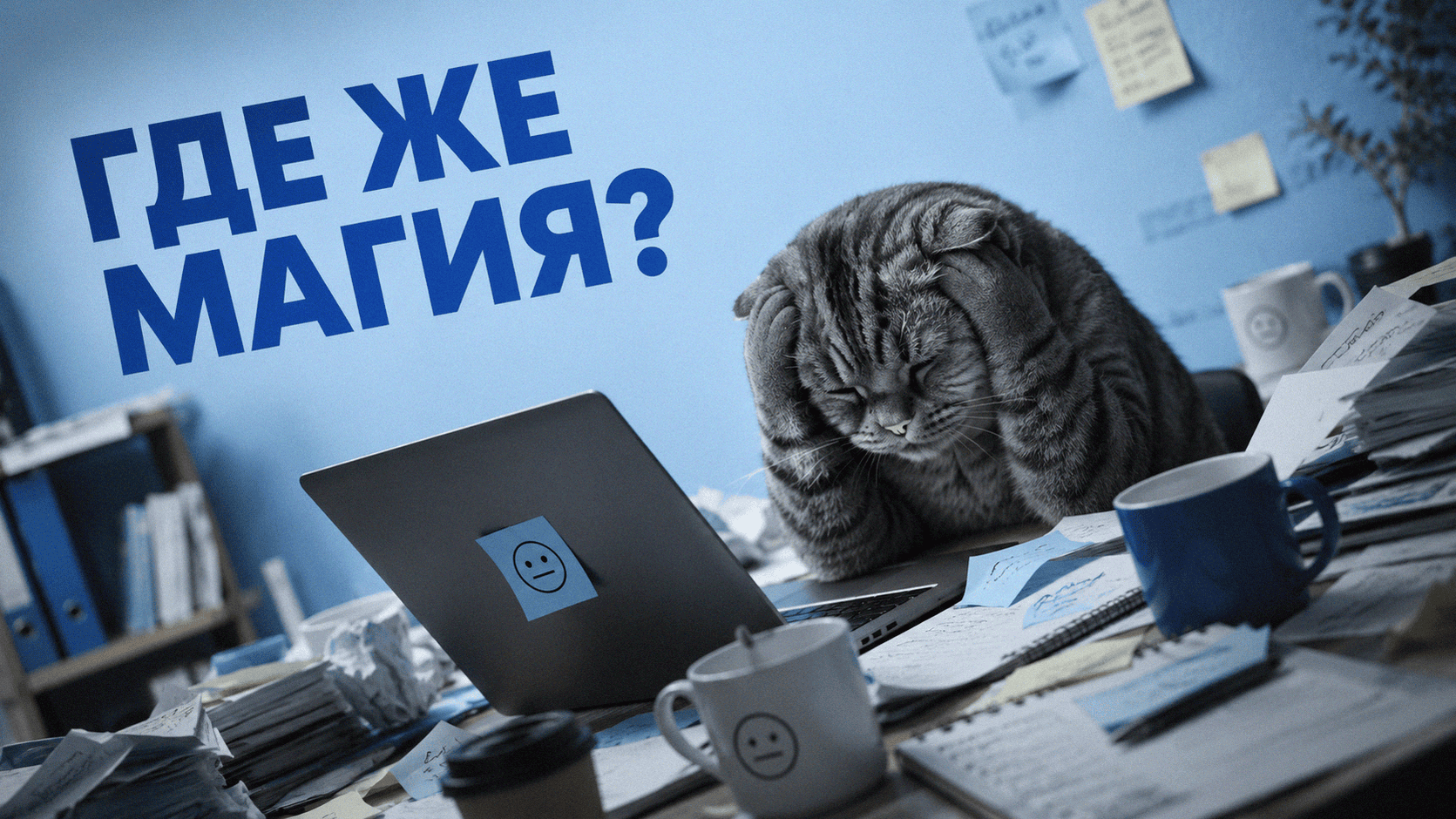 Человек сидит за столом, окруженный бумагами, и передает одну папку маленькому роботу-ассистенту